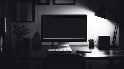 Empty workspace with computer and lamp in dim lighting