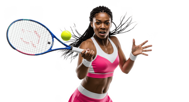 Female Tennis Player Hitting a Ball with Racket in Action – Sports, Fitness, and Athleticism Concept – Dynamic Woman Engaged in Tennis Match with Transparent PNG Background for Sports Use