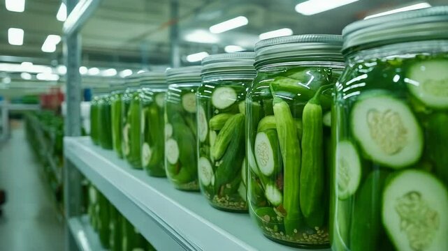 Rows of glass jars filled with pickled cucumbers and peppers on a shelf.