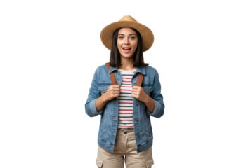 Young Female Traveler Ready with Backpack – Adventure, Vacation, and Travel Concept – Girl Preparing for Journey, Outdoor Exploration, or Solo Trip with Transparent PNG Background