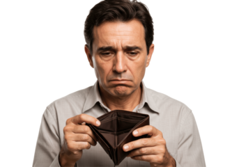 Sad Man with Empty Wallet – Financial Crisis, Poverty, or Personal Budget Struggle Concept – Transparent PNG of Male Figure Facing Money Problems, Debt, or Economic Hardship