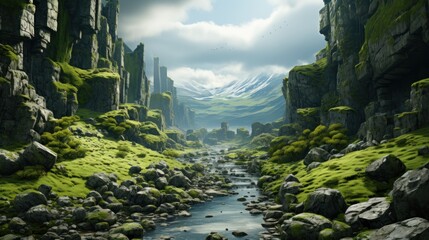 Serene Mossy River Valley Landscape