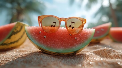 Obraz premium Watermelon slices with sunglasses reflecting musical notes on a sandy beach