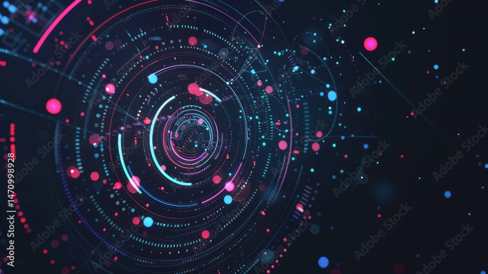 Poster abstract digital interface with circular patterns and glowing lines. abstract image of digital artwo