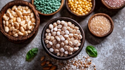 Fototapeta premium Various nutritious seeds and grains displayed in wooden bowls.