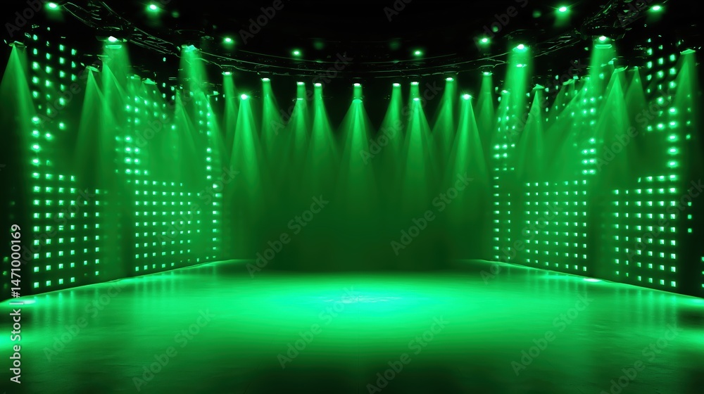 Leinwandbilder Large-scale empty stage with green LED light wall background and symmetrical green spotlights shining from top in photorealistic quality. Hyper-realistic high-resolution studio setup with deep black t