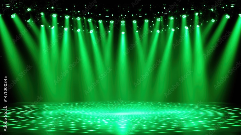 Leinwandbilder Large-scale empty stage with green LED light wall background and symmetrical green spotlights shining from top in photorealistic quality. Hyper-realistic high-resolution studio setup with deep black t