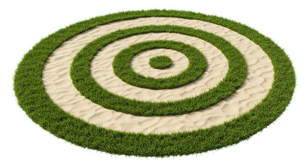 Abstract concentric circles made of green grass and sandy texture backdrop