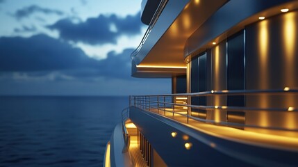 Fototapeta premium Modern yacht gliding over calm ocean at twilight with lights