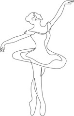Beautiful ballet dancer in continuous line drawing style. Sketch of female dancer in minimalist black linear isolated on white background. Vector illustration