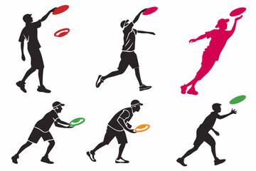 set of Man Throwing Frisbee silhouette vector illustration