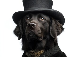 A sophisticated black dog wearing a top hat and formal attire, posing elegantly