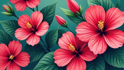Bold hibiscus blooms, stylized leaves, repeating floral motif , nature, leaves, surface