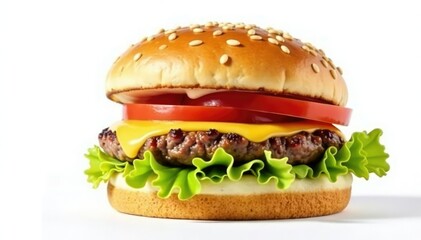 Burger with sesame seed bun, isolated on white, background, lettuce, image
