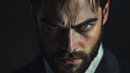 Fototapeta premium Intense portrait of a man with striking blue eyes and beard
