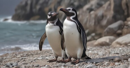 Humboldt penguin preening its feathers on a rocky beach ,  rock,  ocean,  south america