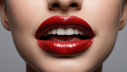 Obraz premium Woman showing white teeth and red lipstick lips closeup