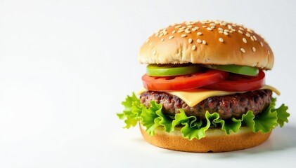 Close-up of a juicy burger on a white background, delicious, unhealthy food