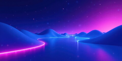 Fototapeta premium Serene Neon Pathway Winding Through a Dreamlike Landscape Under a Starlit Sky