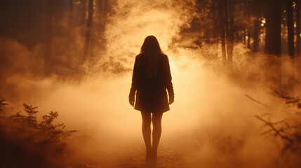 Silhouette of a woman in a mystical forest
