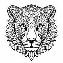 Fototapeta premium Intricate Lion Head Mandala Coloring Page, Detailed Zentangle Art, Black and White Design