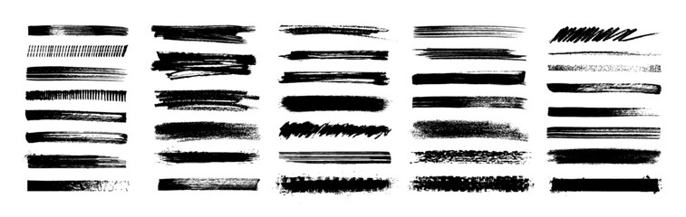 Paint brush and grunge stroke graphic set. Black and white Brush stroke isolated on white background, silhouettes in dirty style, spray effect, splashes, drops, paint drips. Vector graphic collection