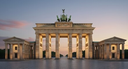 Monumental Archway at Dusk with Columns and Sculpture