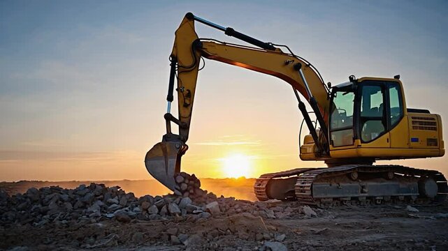 Construction excavator silhouette against sunset sky heavy equipment operations