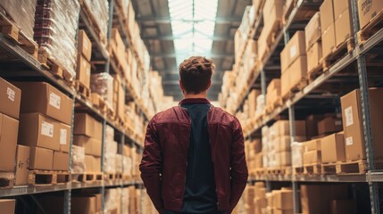 Fototapeta premium A person stands in a vast warehouse, looking toward the bright interior.
