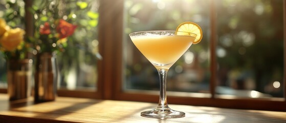 A light cocktail garnished with lemon slice on a sunny day