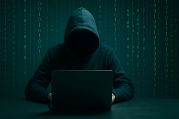 Anonymous Cyber Threat Visualized: Simple Composition Depicts Digital Data Stream, Highlighting Office Technology's Vulnerability in the Face of Modern Security Risks and Data Breaches.