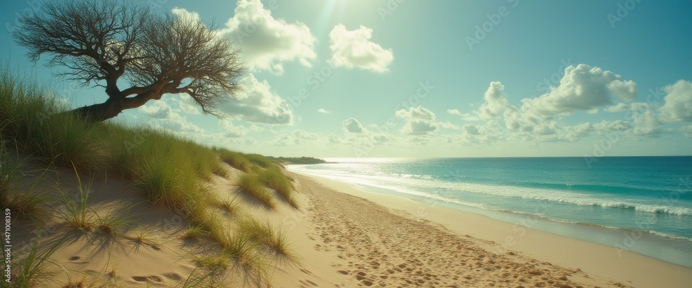 Aufkleber lone tree on serene beach with sand dunes and ocean view