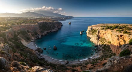 Ocean Cove with Clear Turquoise Water and Rocky Cliffs Landscape