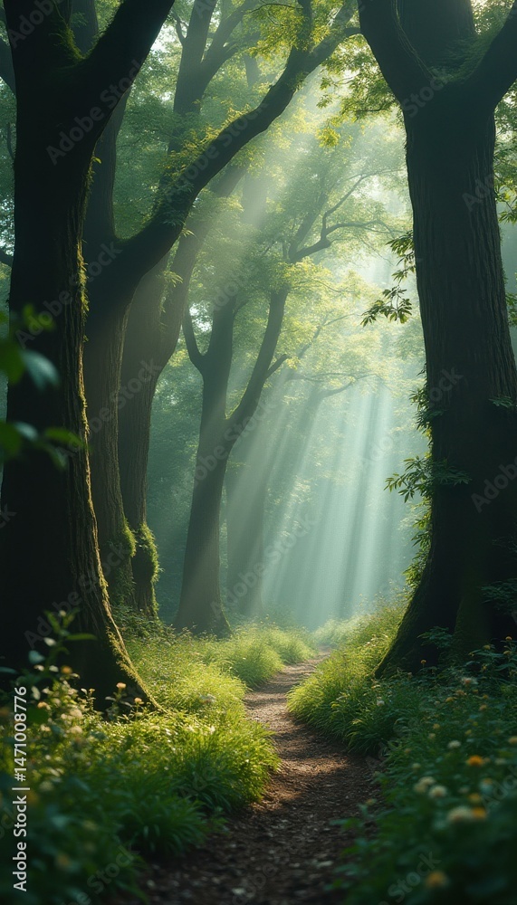Aufkleber Sunlit path through serene forest with magical rays of light