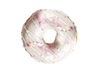 White Chocolate garnish Donut. Frosted white Chocolate Donut, whipping cream Drizzled Donut, white donut close-up on a white background. white Covered Donuts with pink Sprinkles A Delicious Treat