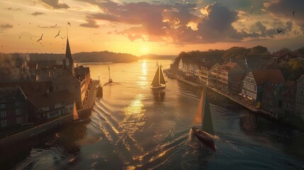 Golden hour view of a harbor town.