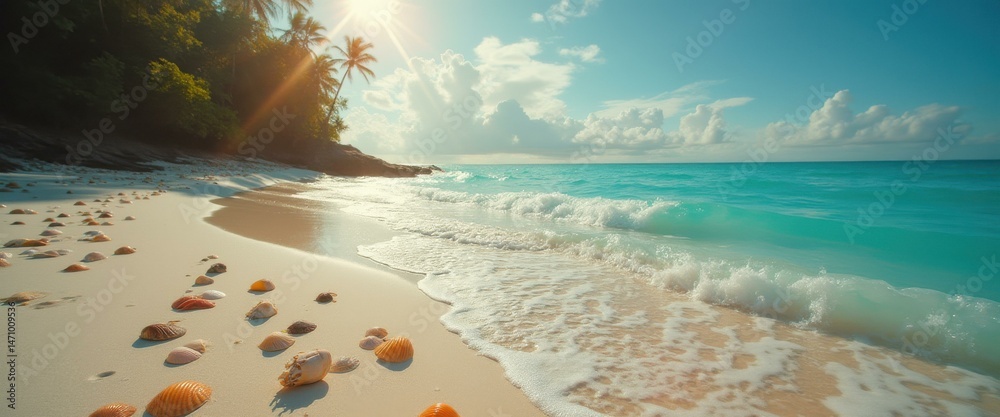 Poster seashells on tropical beach with ocean waves rolling in
