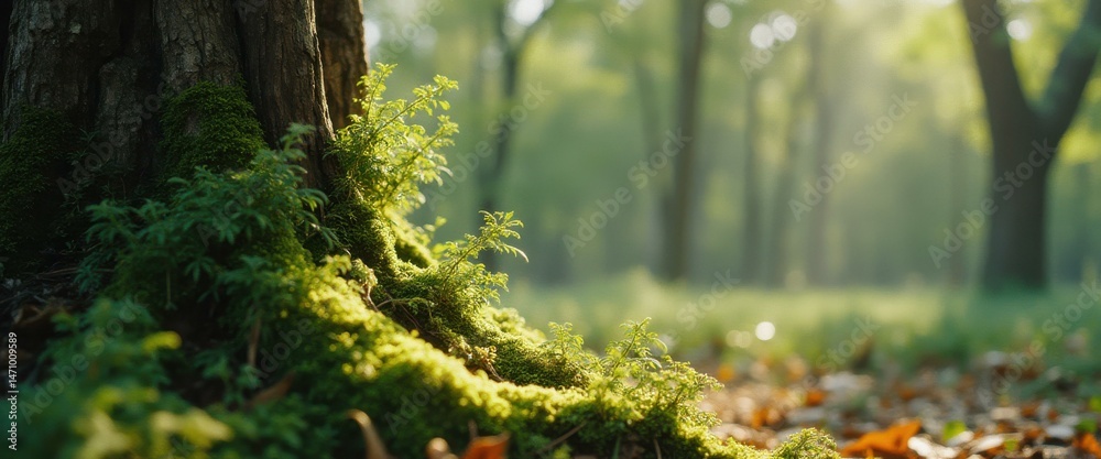 Aufkleber moss-covered trees with small plants in serene forest setting