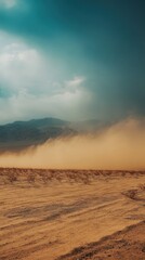 Dusty landscape with dramatic sky and storm clouds.