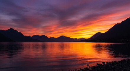 Fototapeta premium Majestic twilight: Fiery sky reflecting on the tranquil lake surface