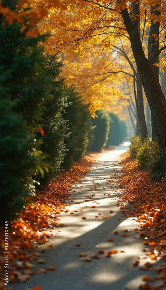 Poster serene autumn path surrounded by colorful leaves and trees