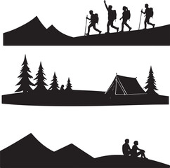 Tent Under the Stars Silhouette Scene

Campfire Night with Trees Vector Art

Family Camping Trip Silhouette Design

Mountain Camping Adventure Vector

Hikers Resting by Tent Silhouette