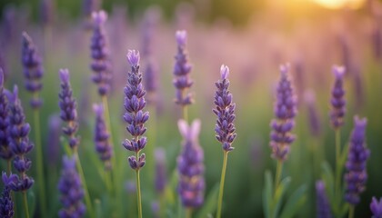 Fototapeta premium Field of blooming lavender flowers at sunset