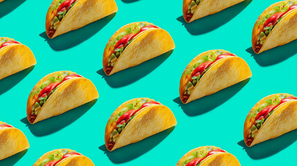 Flat lay of tacos in seamless grid pattern on cyan background with bold shadows and hard flash lighting, minimal food composition