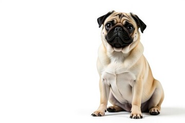 Obraz premium Adorable pug dog sitting, isolated on white background, expression, domestic, pet portrait