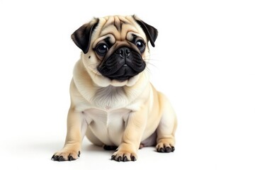 Obraz premium Adorable pug dog sitting, isolated on white background, happy, face, white background