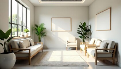Fototapeta premium Clean, modern dentist office waiting room with comfortable seating and natural light , clinic, office