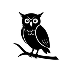 owl on branch silhouette on white background  