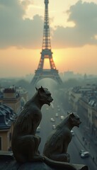 Fototapeta premium Gargoyles overlooking Paris skyline at sunrise
