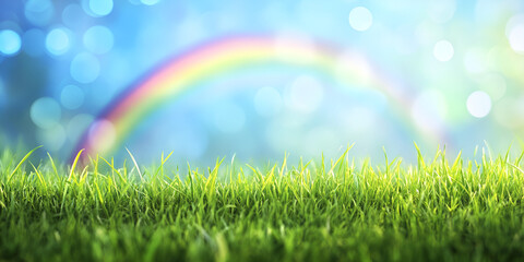 Fototapeta premium Vibrant Rainbow Over Lush Green Grass with Sunshine and Bokeh